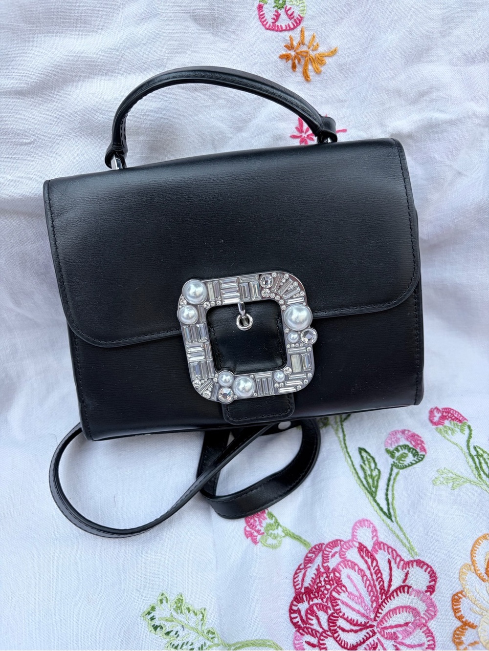 kate spade Black Leather Top-Handle Crossbody with Jeweled Buckle